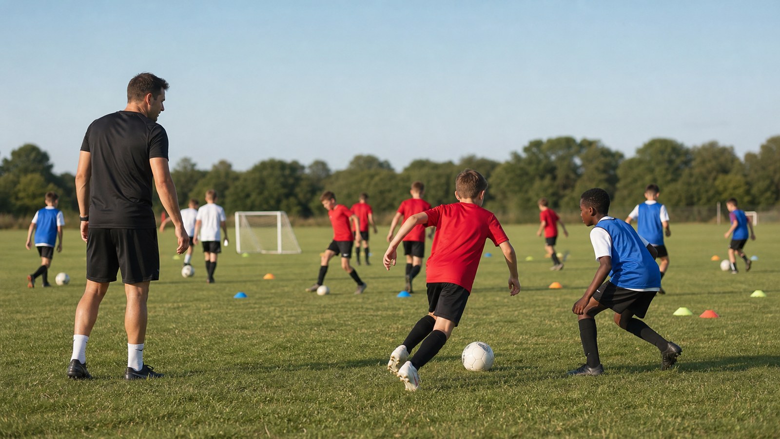 Youth soccer players moving through development stations on a grass training field